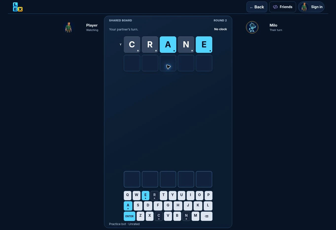 Co-op practice game showing correct letters and the partner turn status