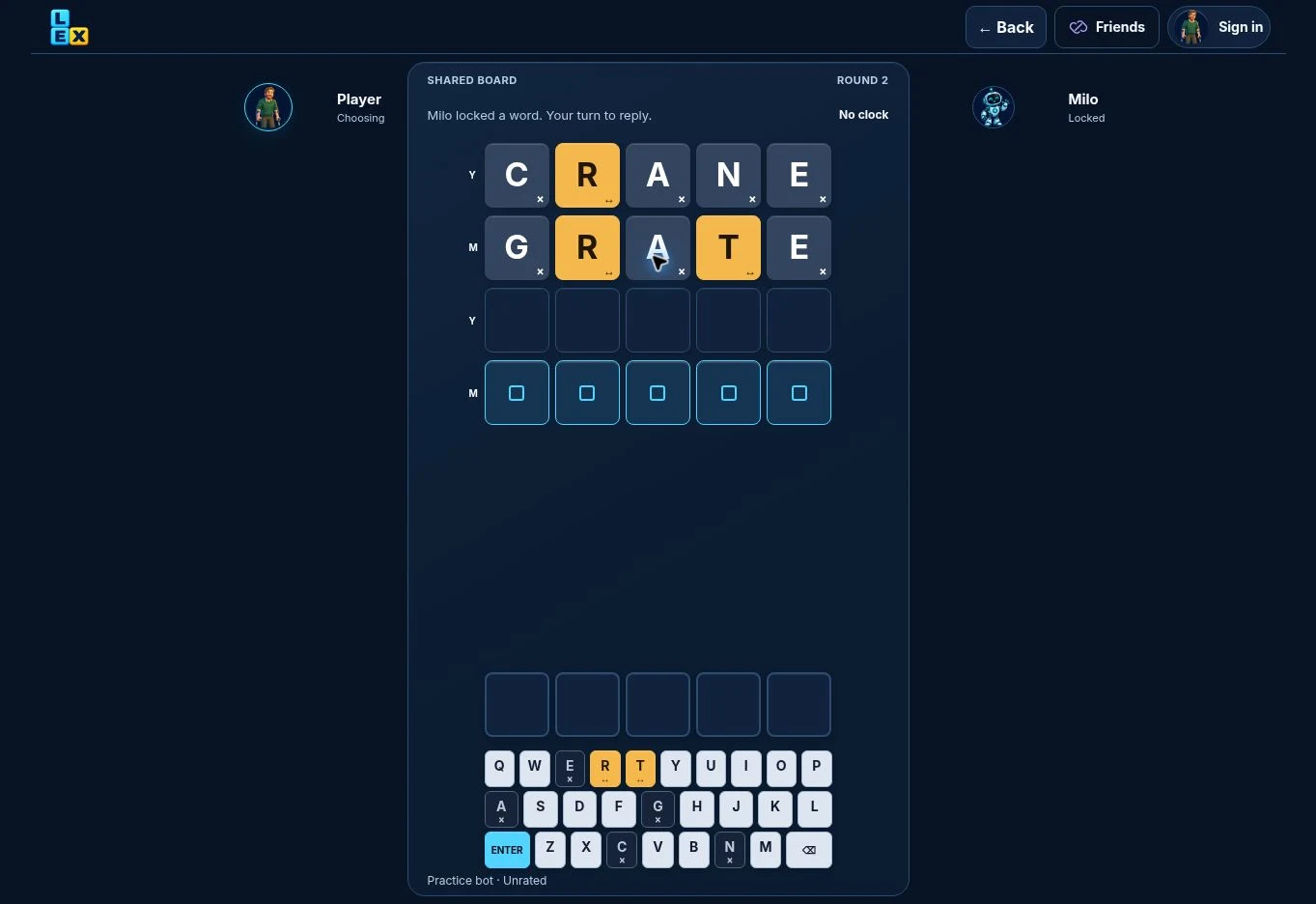 Duel practice game with shared clues