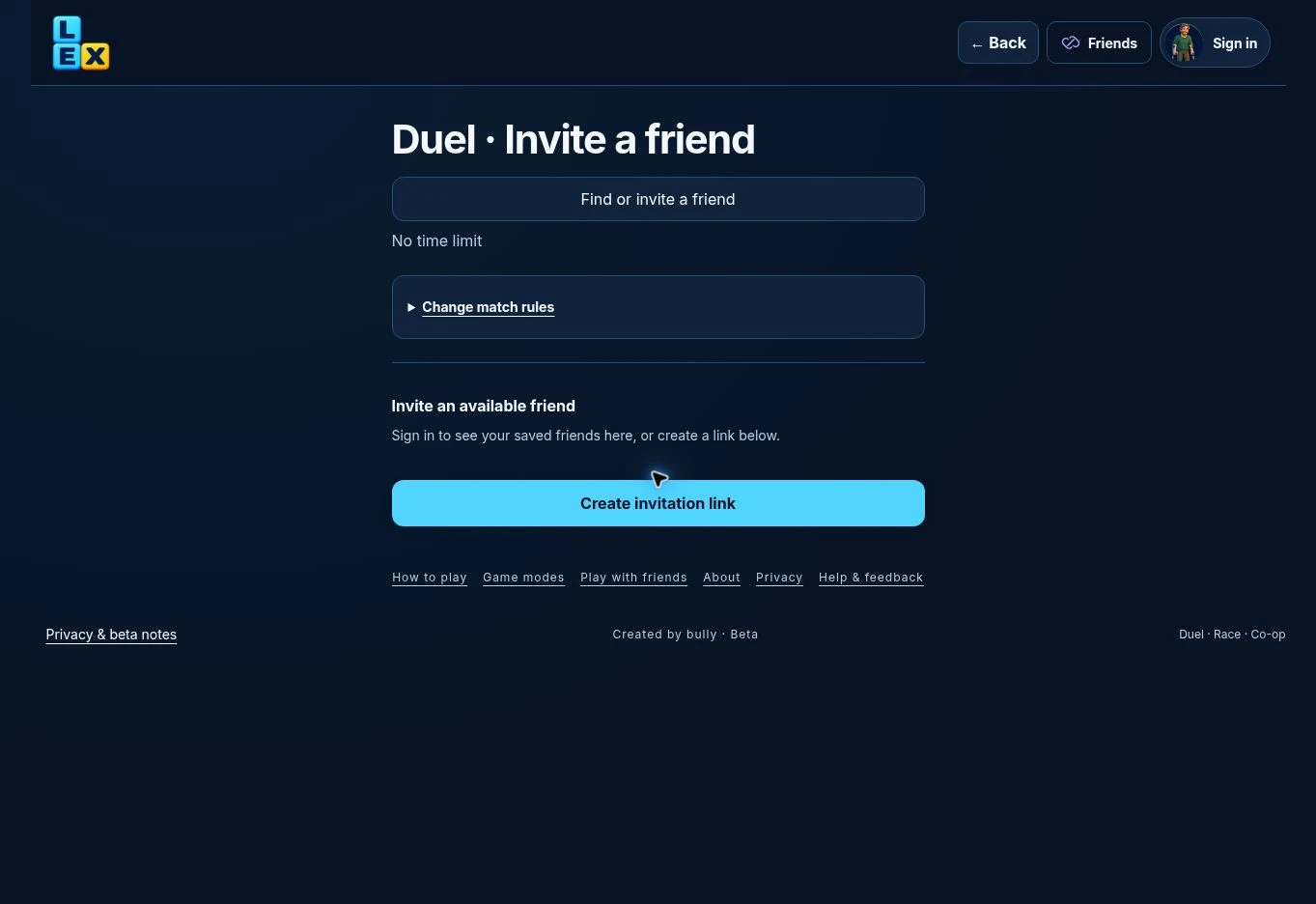 Friendly Duel setup with match rules and Create invitation link button