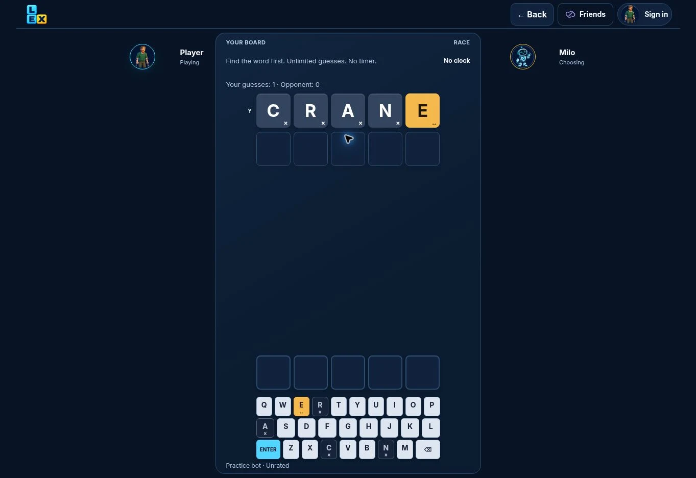 Race practice game showing your own guesses and keyboard